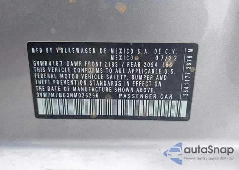 2022 Volkswagen Jetta 1.5T Se z USA, uszkodzony, nr VIN 3VW7M7BU3NM026296